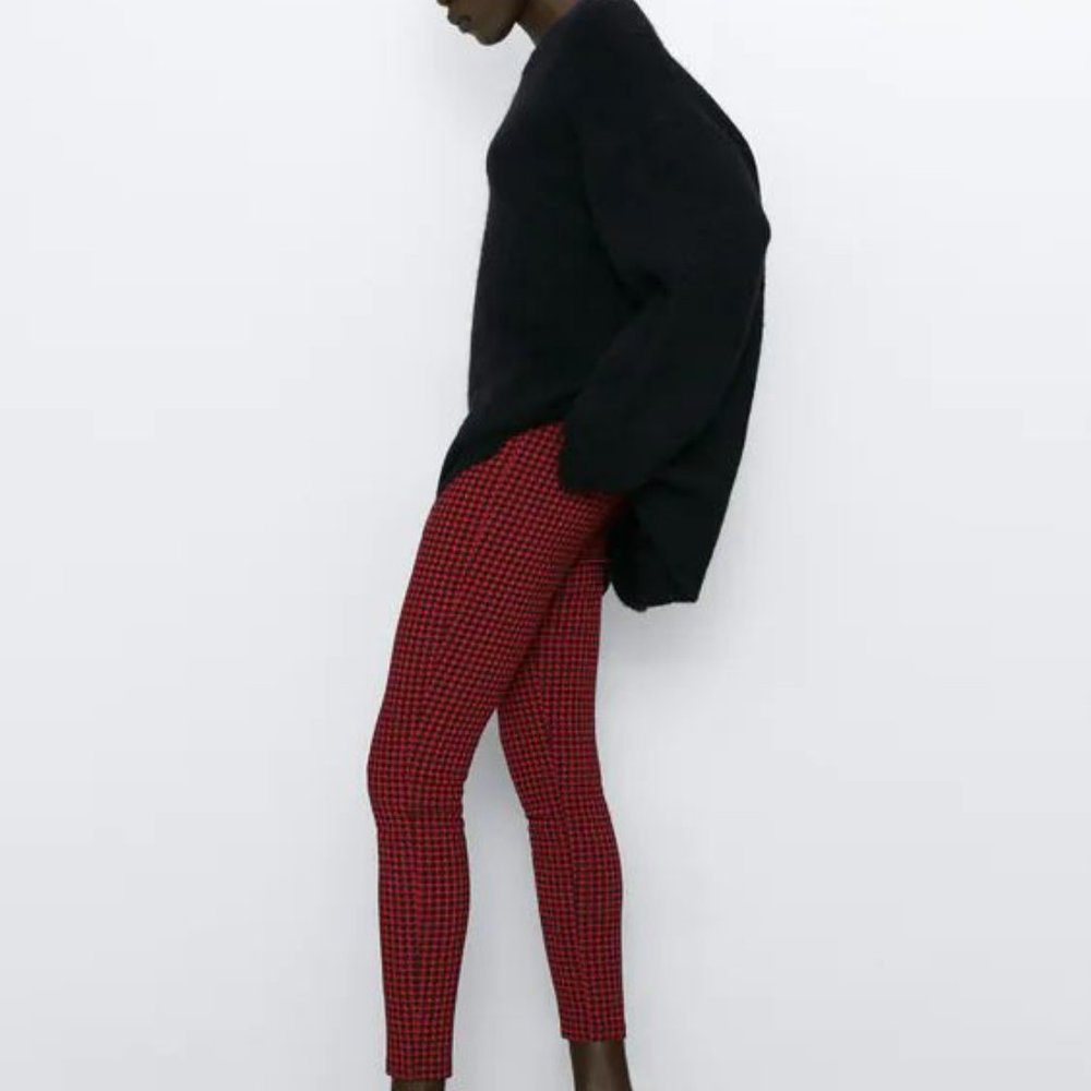 ZARA Red and Black Checked Leggings, Front Zipper, Ankle Length - Picture 2 of 8